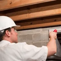 Termite inspection technician checking a basement wall and framing for termite activity in Buffalo, NY