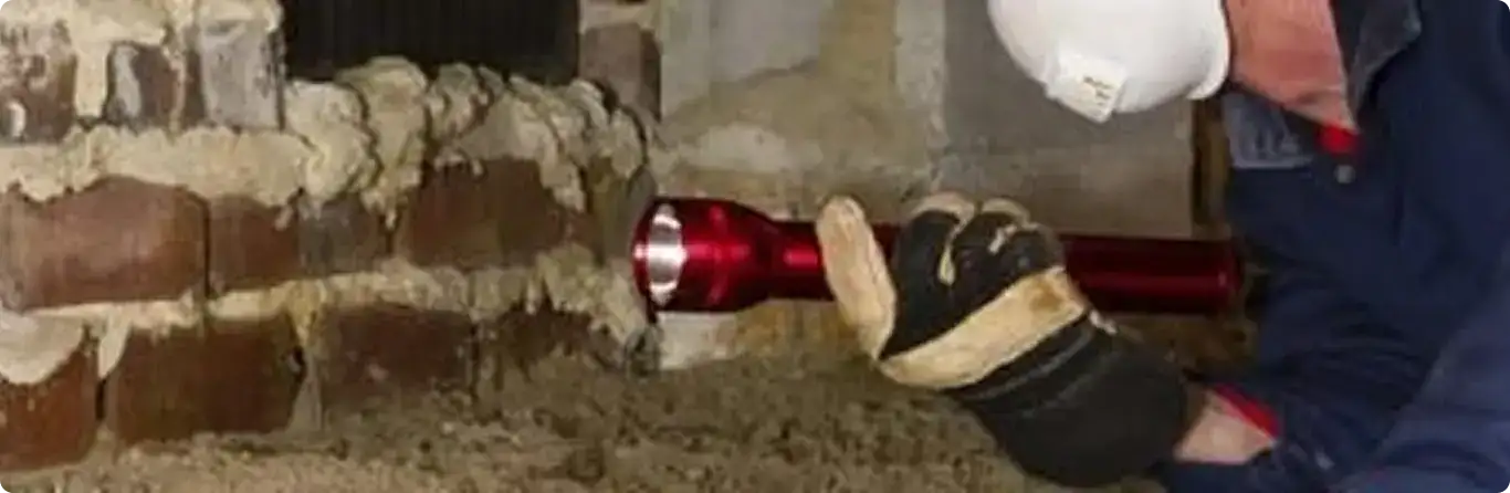 Pest control technician inspecting a crawl space for ant activity in Grand Island, NY