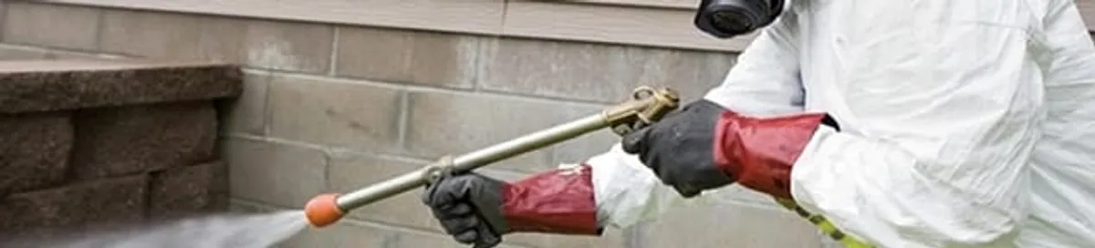 Pest control technician applying exterior insect treatment along a home foundation in Buffalo, NY