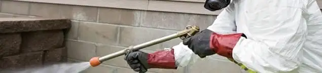 Pest control technician applying exterior insect treatment along a home foundation in Buffalo, NY