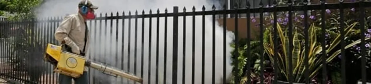 Mosquito control technician fogging a yard perimeter for mosquito reduction in Buffalo, NY